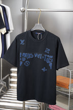 Louis Vuitton black T-shirt with blue LV graphic print, crew neck