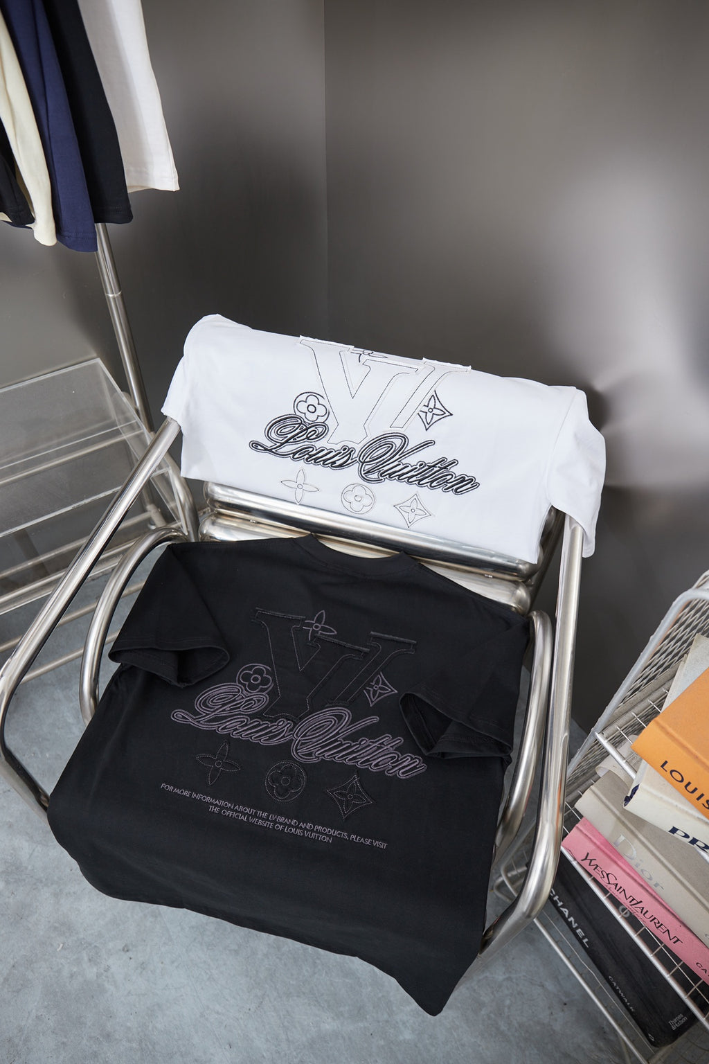 Set of two short-sleeve T-shirts: white and black with LV-style script graphics
