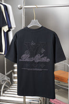 Black short-sleeve T-shirt with large back LV-style monogram and script graphic