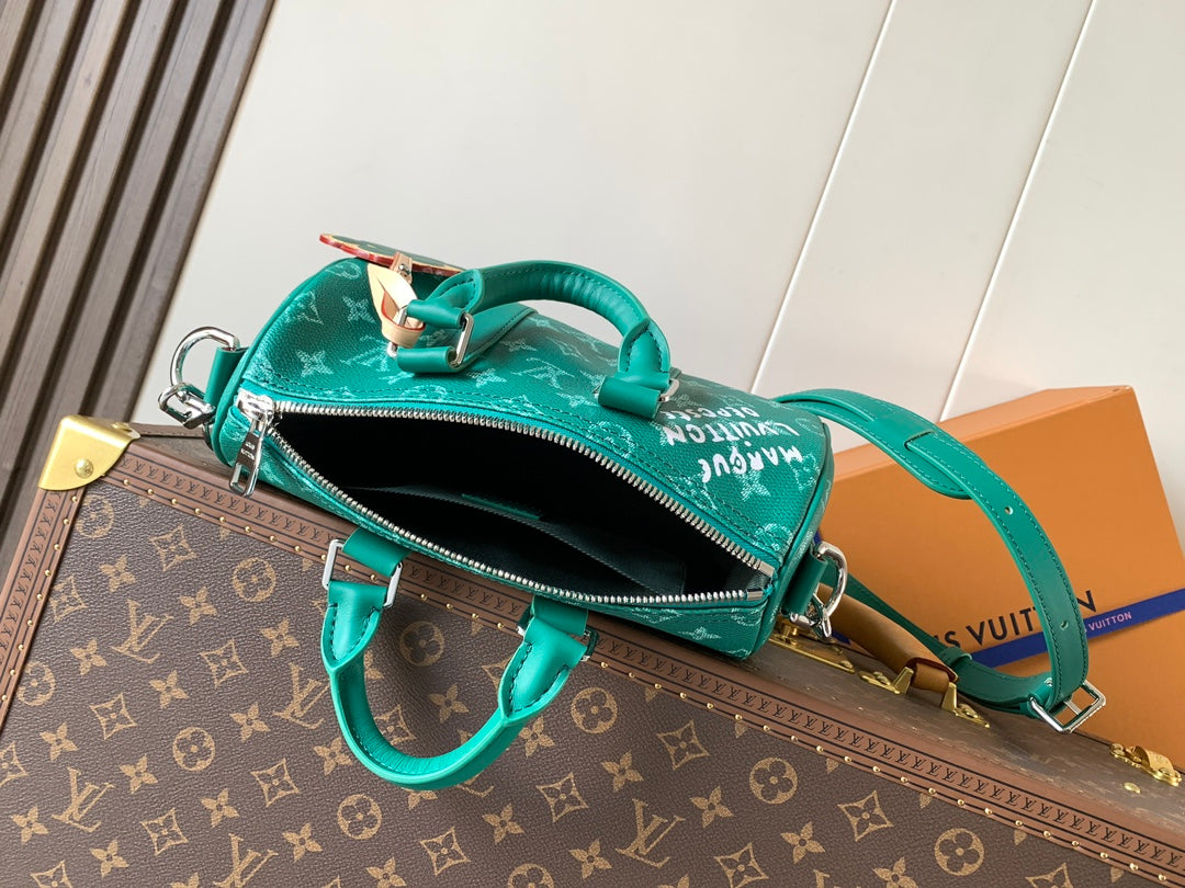 Louis Vuitton green monogram mini bag with open zip and top handle