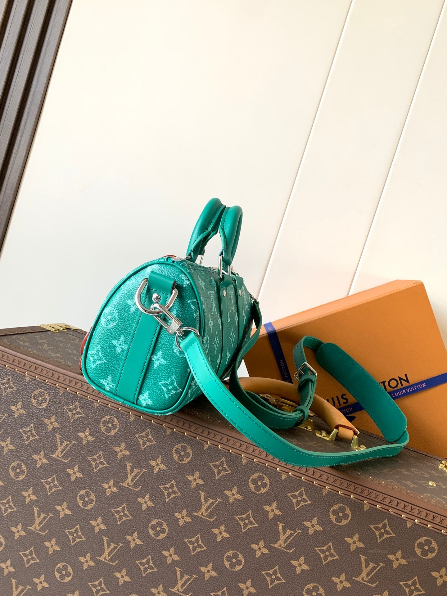 Louis Vuitton green monogram mini bag with side zipper and teal strap