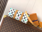 Louis Vuitton mini handbag with colorful monogram print and tan adjustable strap