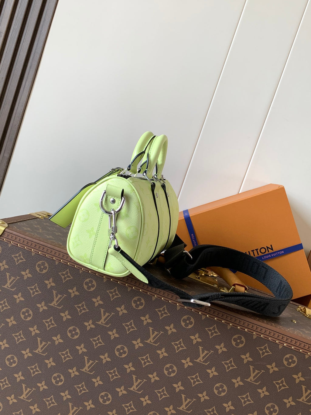 Louis Vuitton green leather handbag side view with straps and metal buckles