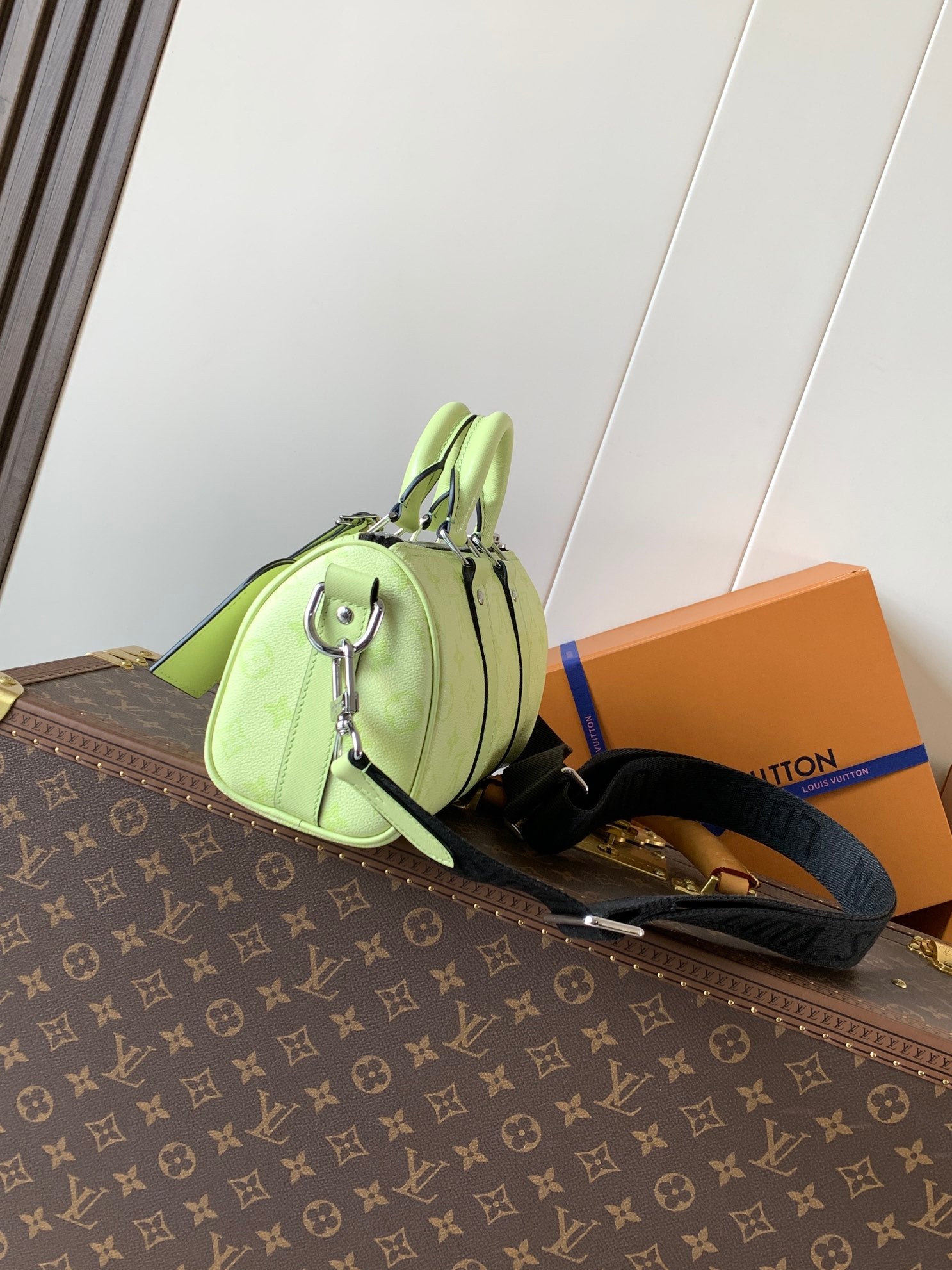 Louis Vuitton green leather handbag side view with straps and metal buckles