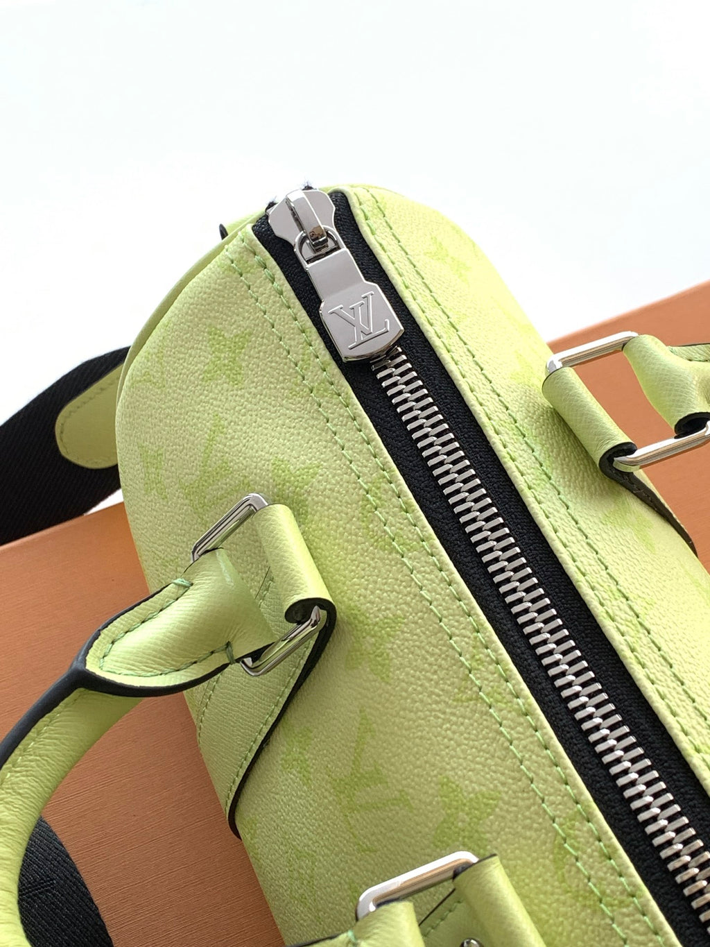 Louis Vuitton green leather bag detail with zipper track and side hardware