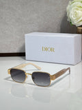 Sunglasses with gold frame and black lenses, round cat-eye style