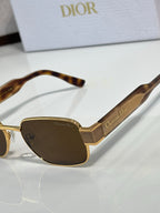 Sunglasses close-up with tortoise frame, brown lenses, gold temple stripes