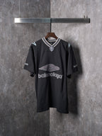 Balenciaga black short-sleeve T-shirt with crew neck striped collar and front logo print