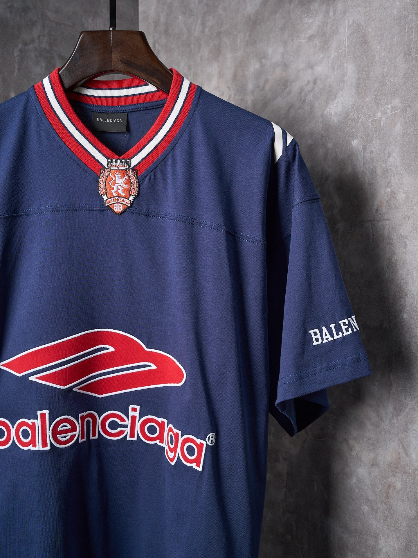 Balenciaga navy jersey with large red balenciaga logo and sleeve BALEN print
