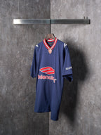 Balenciaga navy short-sleeve jersey with V-neck rib trim and crest badge