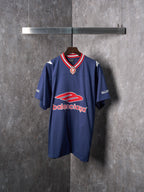 Balenciaga navy short-sleeve jersey with red and white trim and crest logo
