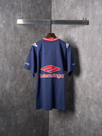 Balenciaga navy short-sleeve jersey, back view with large logo print