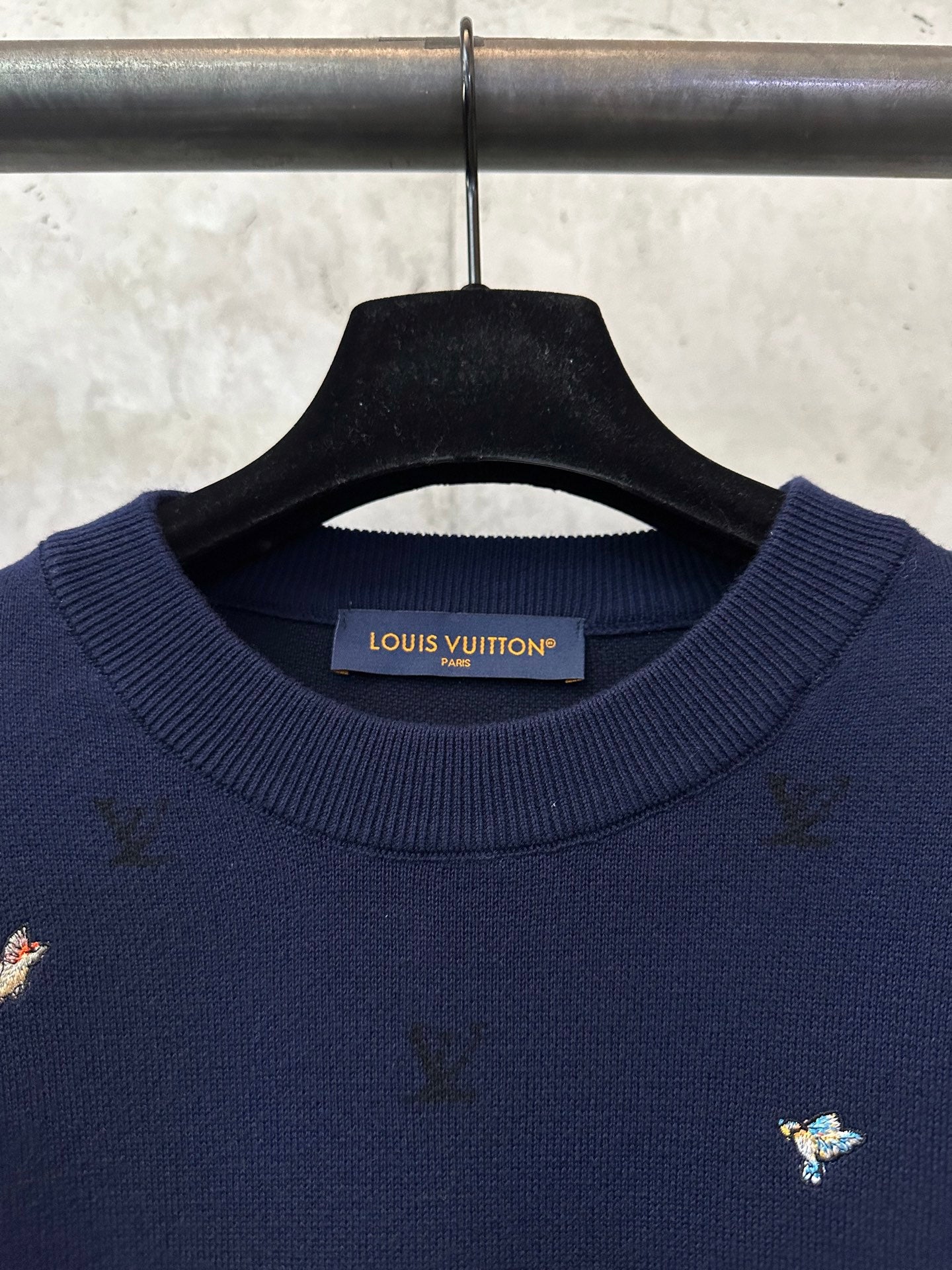 Louis Vuitton sweater neckline with ribbed crew neck and brand tag