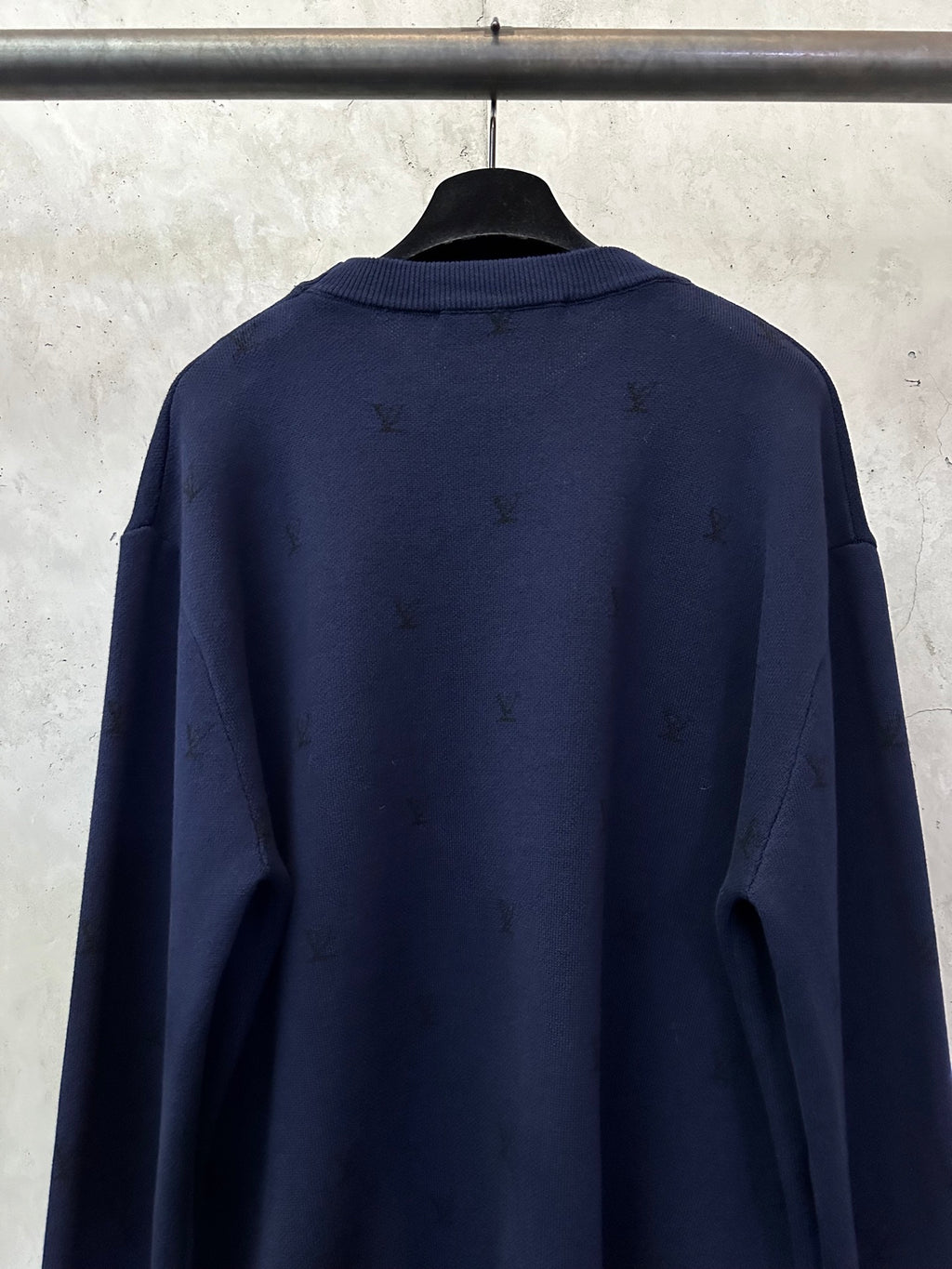 Louis Vuitton sweater back, dark navy knit with ribbed crewneck and cuffs