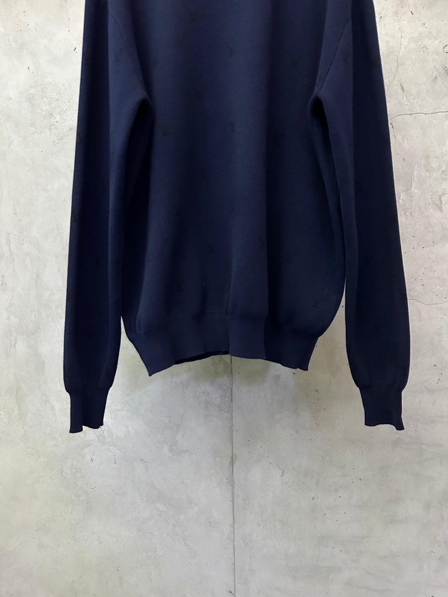 Louis Vuitton sweater lower back, dark navy knit with ribbed hem and cuffs