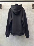 Black long-sleeve hoodie with hood and front kangaroo pocket, back view