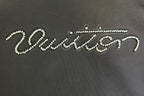 Rhinestone script logo on black long-sleeve hoodie front