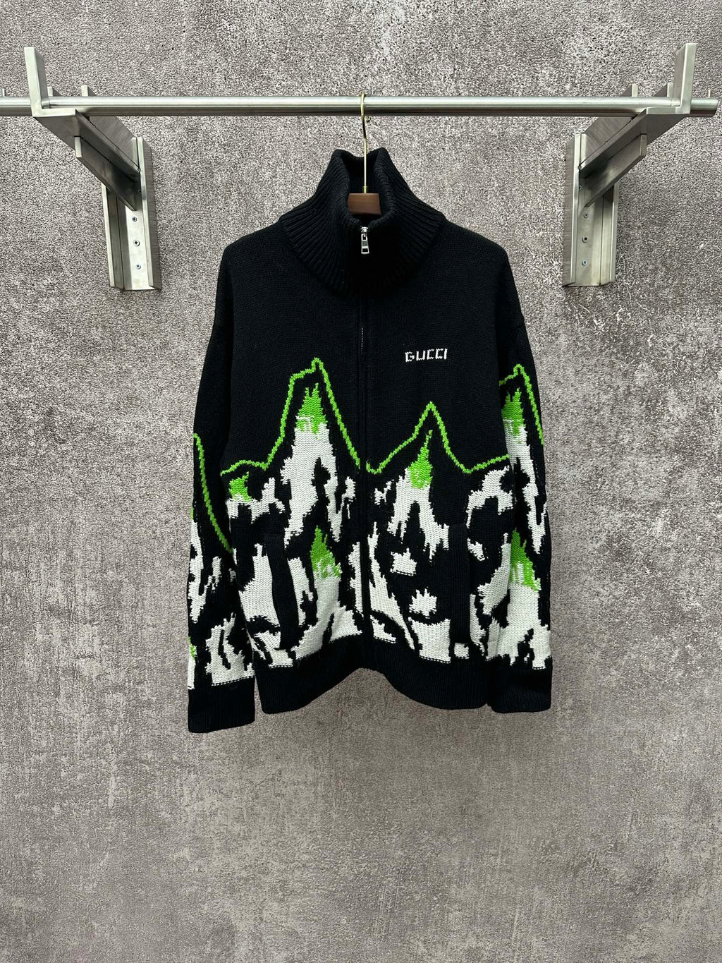 Gucci black knit sweater with white-and-green mountain intarsia and half-zip collar