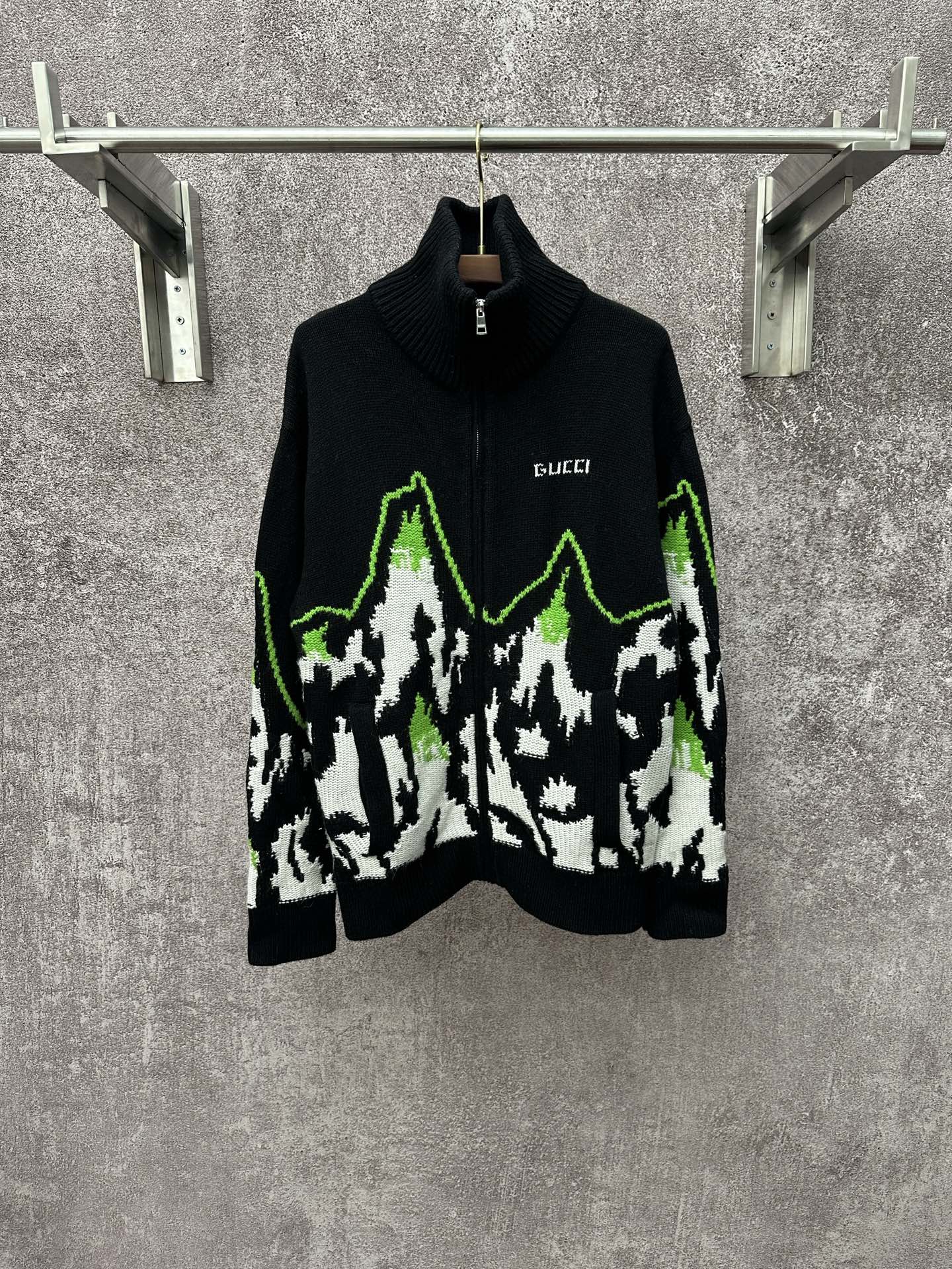 Gucci black knit sweater with white-and-green mountain intarsia and half-zip collar