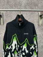 Gucci black half-zip knit sweater with ribbed turtleneck and white-green graphic mountains