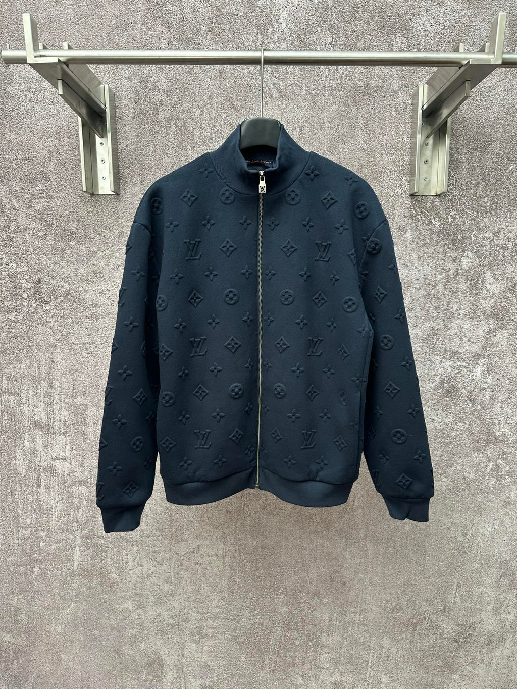 Louis Vuitton long-sleeve zip jacket in dark blue with subtle monogram texture