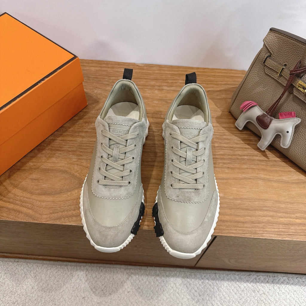 Hermes unisex sneakers, light gray suede upper with lace-up front and white sole