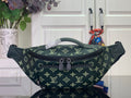 Green monogram belt bag with top zip and adjustable strap