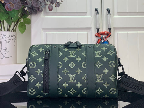Louis Vuitton men's duffel bag with green monogram canvas and top handles