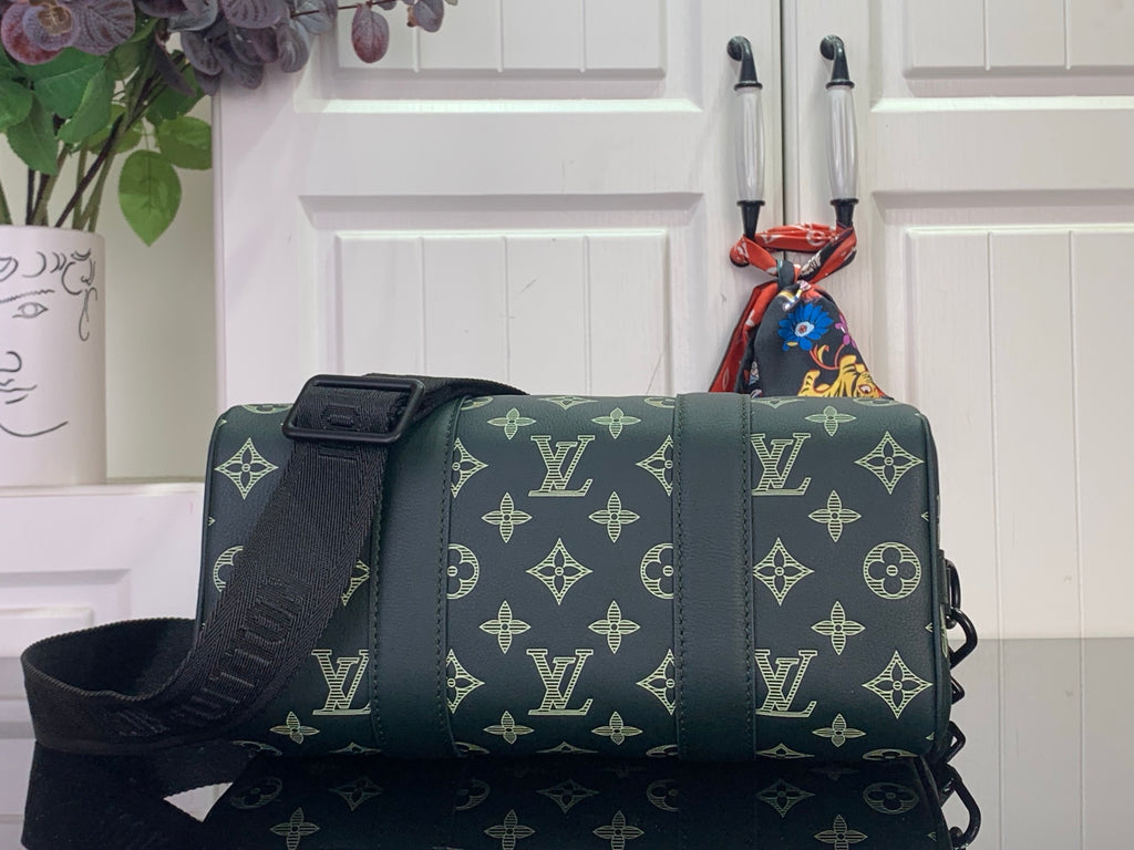 Louis Vuitton men's duffel bag with dark and green monogram panels and strap