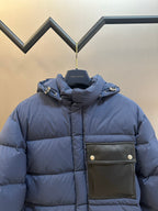 Off White dark blue puffer jacket with stand collar and flap pockets
