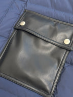 Off White dark blue puffer jacket with square leather-look flap pocket and snaps