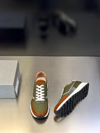 Prada unisex sneakers pair, front and side views, olive green and brown with white laces