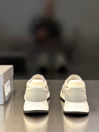 Prada unisex sneakers from rear view with PRADA logo on heel tabs