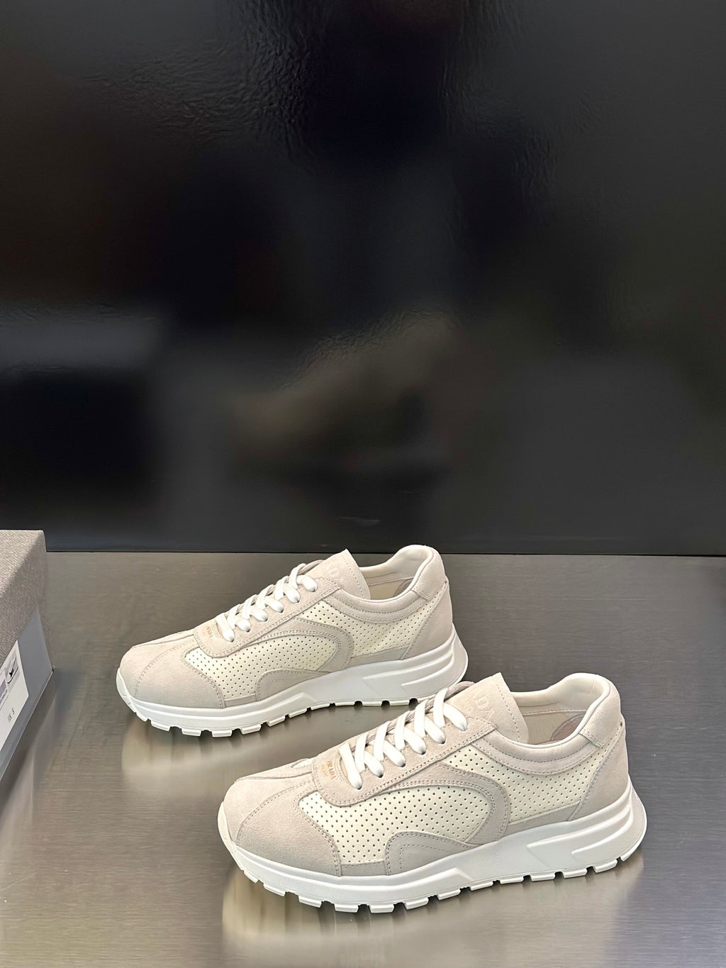 Prada unisex sneakers, light off-white upper with perforated paneling and laces
