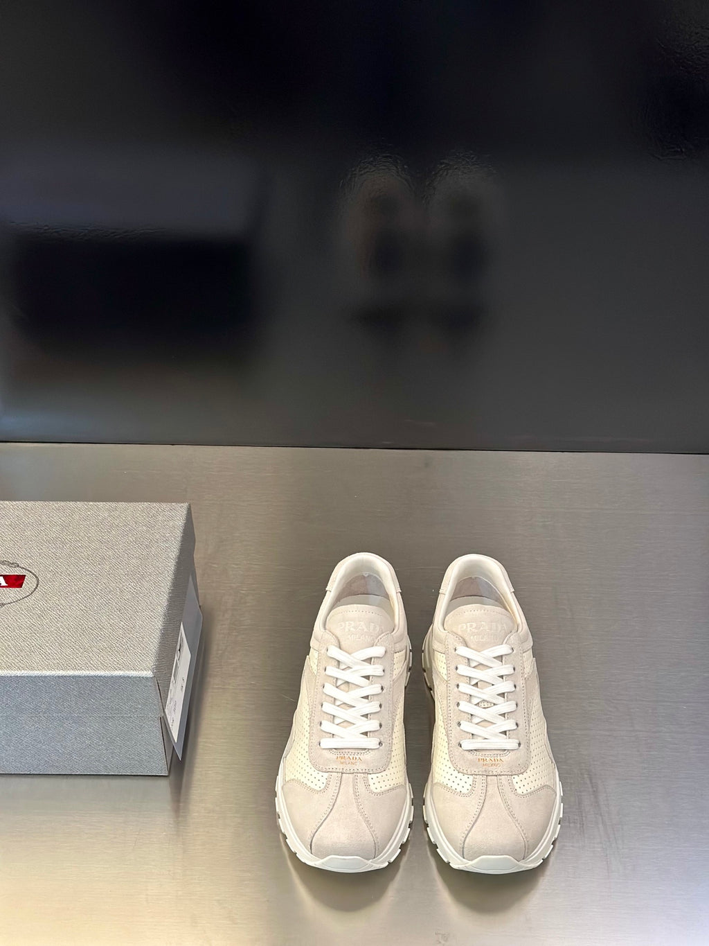 Prada unisex sneakers, light off-white leather and mesh with lace-up design