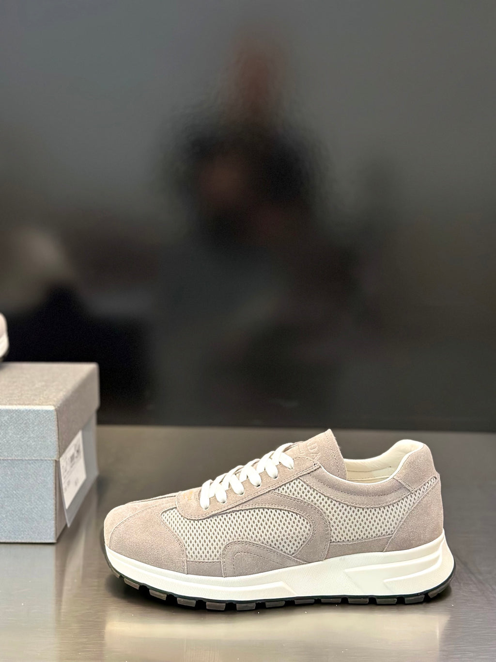 Prada unisex low-top sneakers, light gray suede and mesh panels, white laces