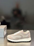 Prada unisex low-top sneakers, light gray suede and mesh panels, white laces