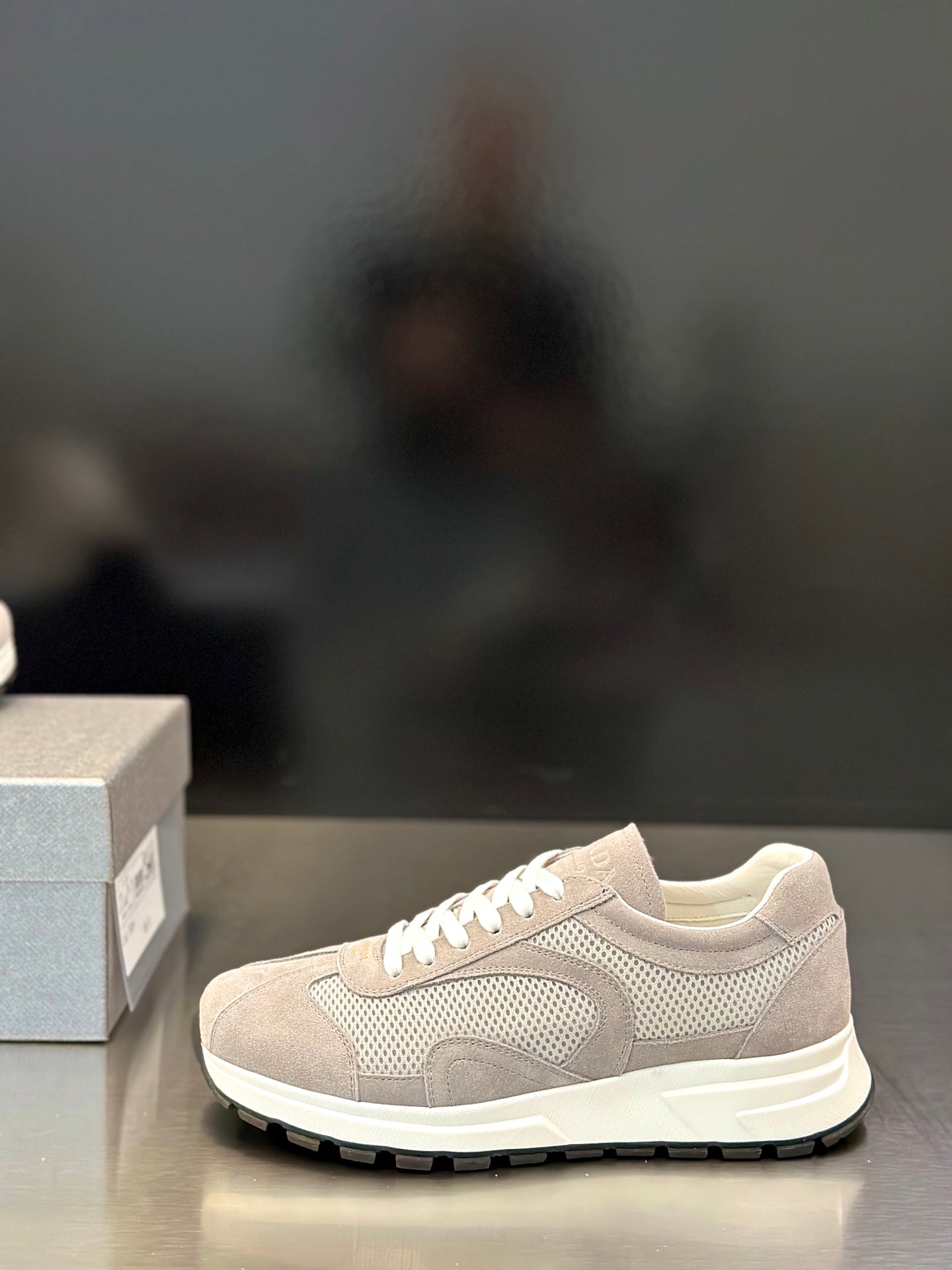 Prada unisex low-top sneakers, light gray suede and mesh panels, white laces