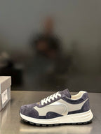 Prada unisex sneakers with navy suede and light mesh panels, white laces and sole
