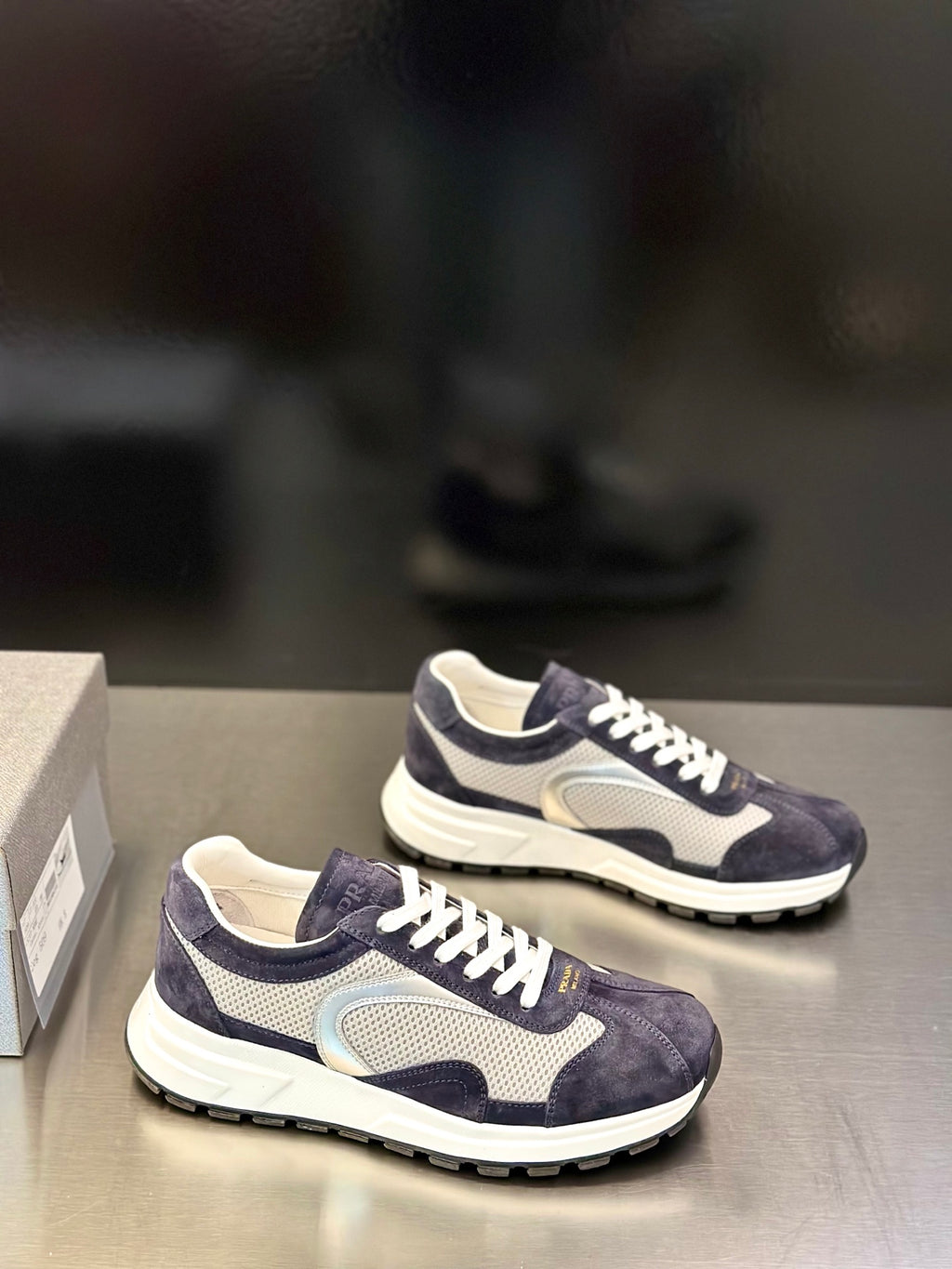 Prada unisex sneakers, navy and light gray panels, white laces, thick sole