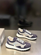 Prada unisex sneakers, navy and light gray panels, white laces, thick sole