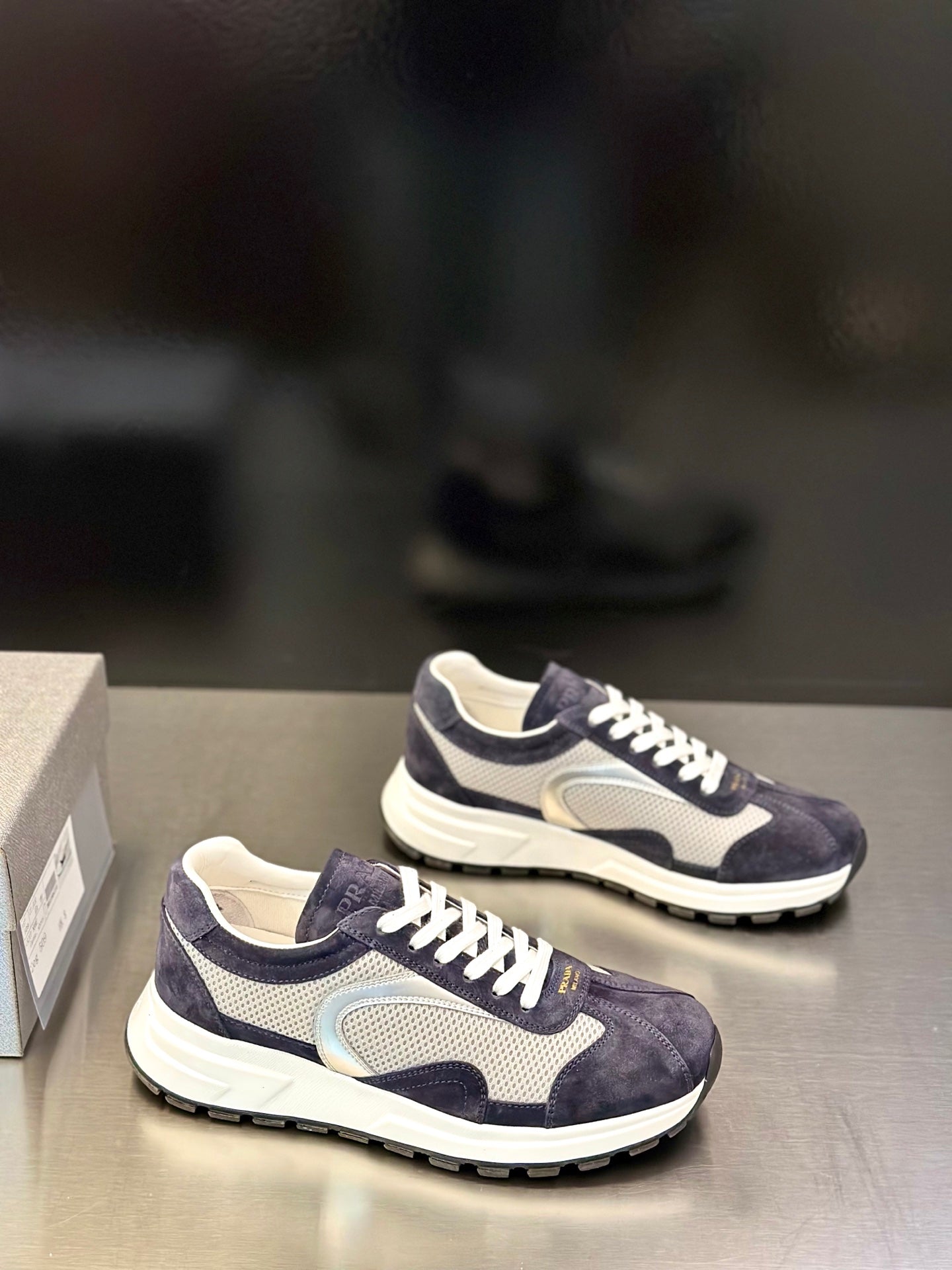 Prada unisex sneakers, navy and light gray panels, white laces, thick sole