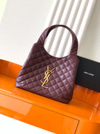 YSL quilted tote bag with top handles, burgundy leather and gold YSL emblem