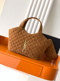 YSL quilted handbag in tan suede with top handle and YSL metal clasp