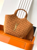 YSL quilted tote bag in tan suede with top handles and YSL metal logo front