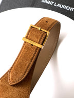 Tan suede strap with beige leather buckle and gold-tone hardware