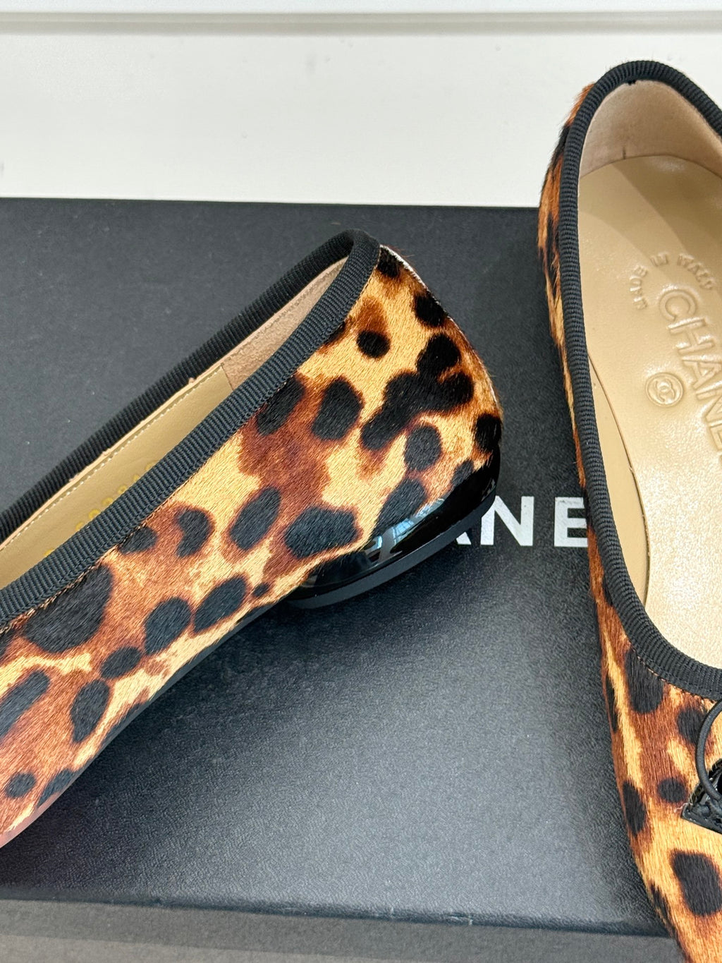 Close-up of leopard-print flats with black logo buckle detail and textured trim.