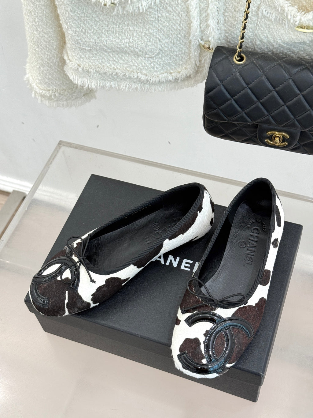Chanel ladies flats on box, black/white cow print with bow laces