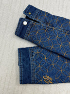 Dark blue denim pants with gold circular chain embroidery