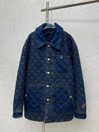 Denim jacket with blue and gold lattice embroidery, button front, long sleeves